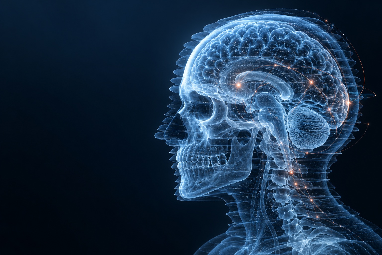 Conceptual visualization of medical imaging as illuminated layers and connected data